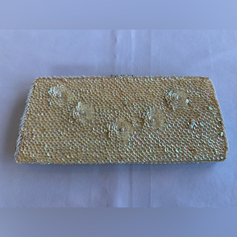 Vintage Cream Sequin Beaded Floral Kisslock Clutch with Mirror